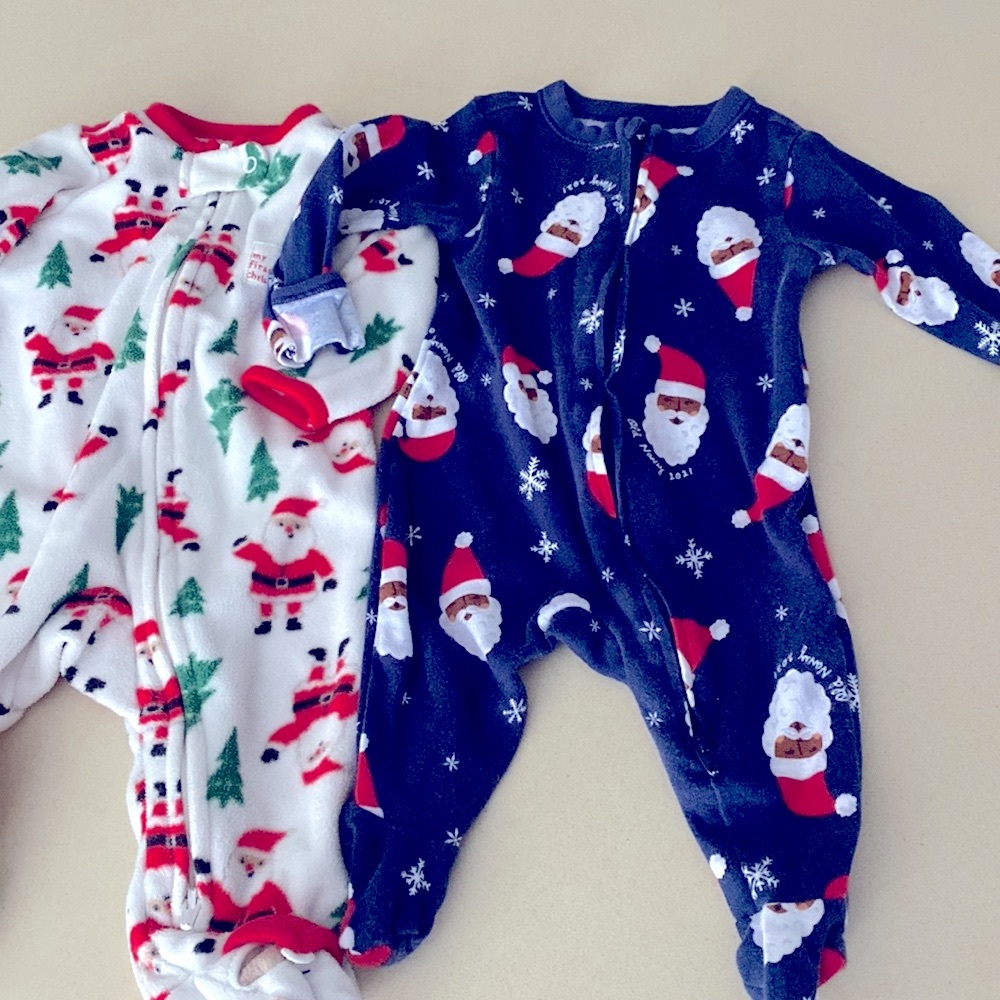 Christmas Santa bundle footed onesies 3 months and 0-3 months, one fleece